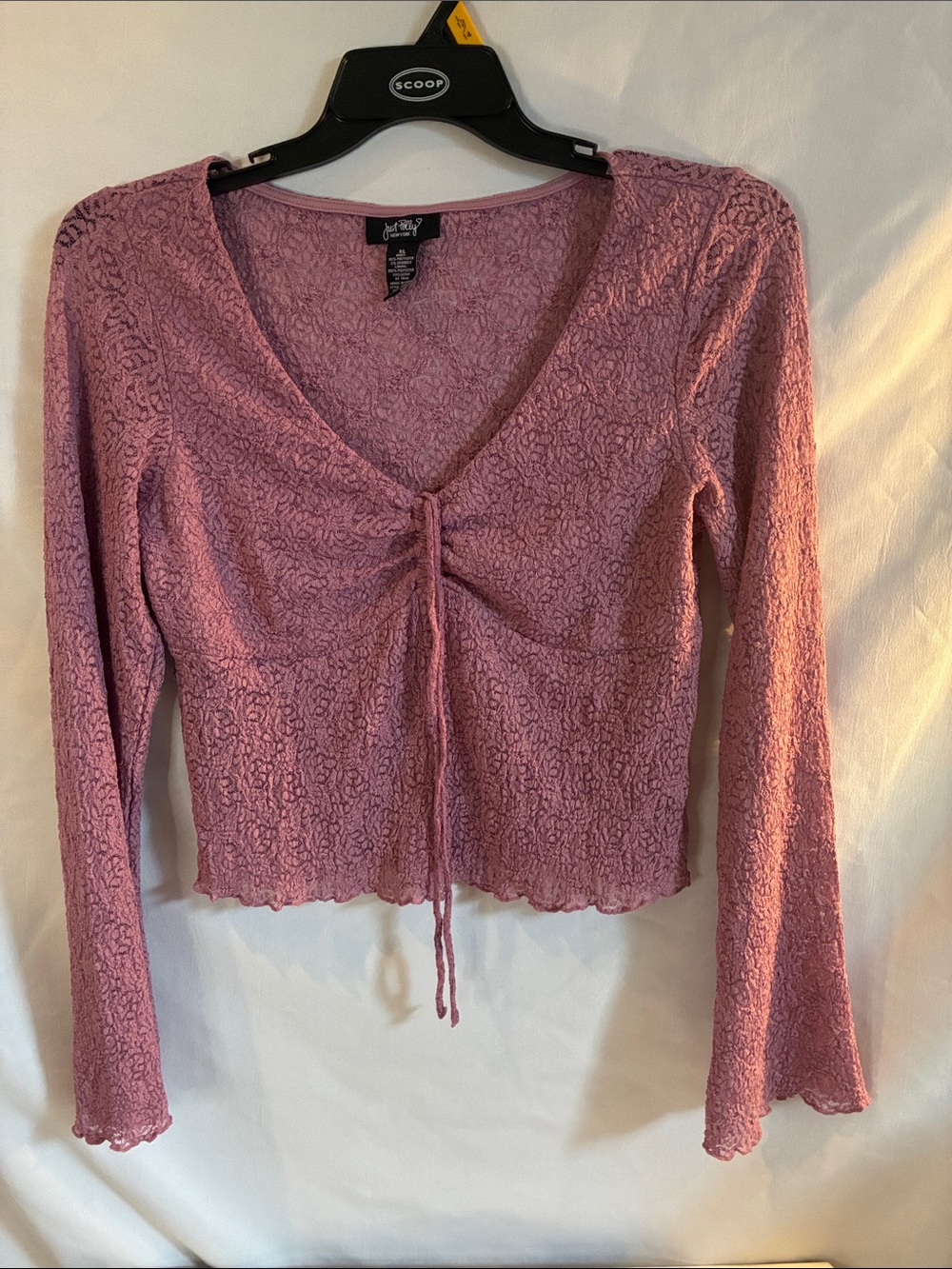 Just Polly mauve textured lace cropped babydoll style long sleeve top size XL